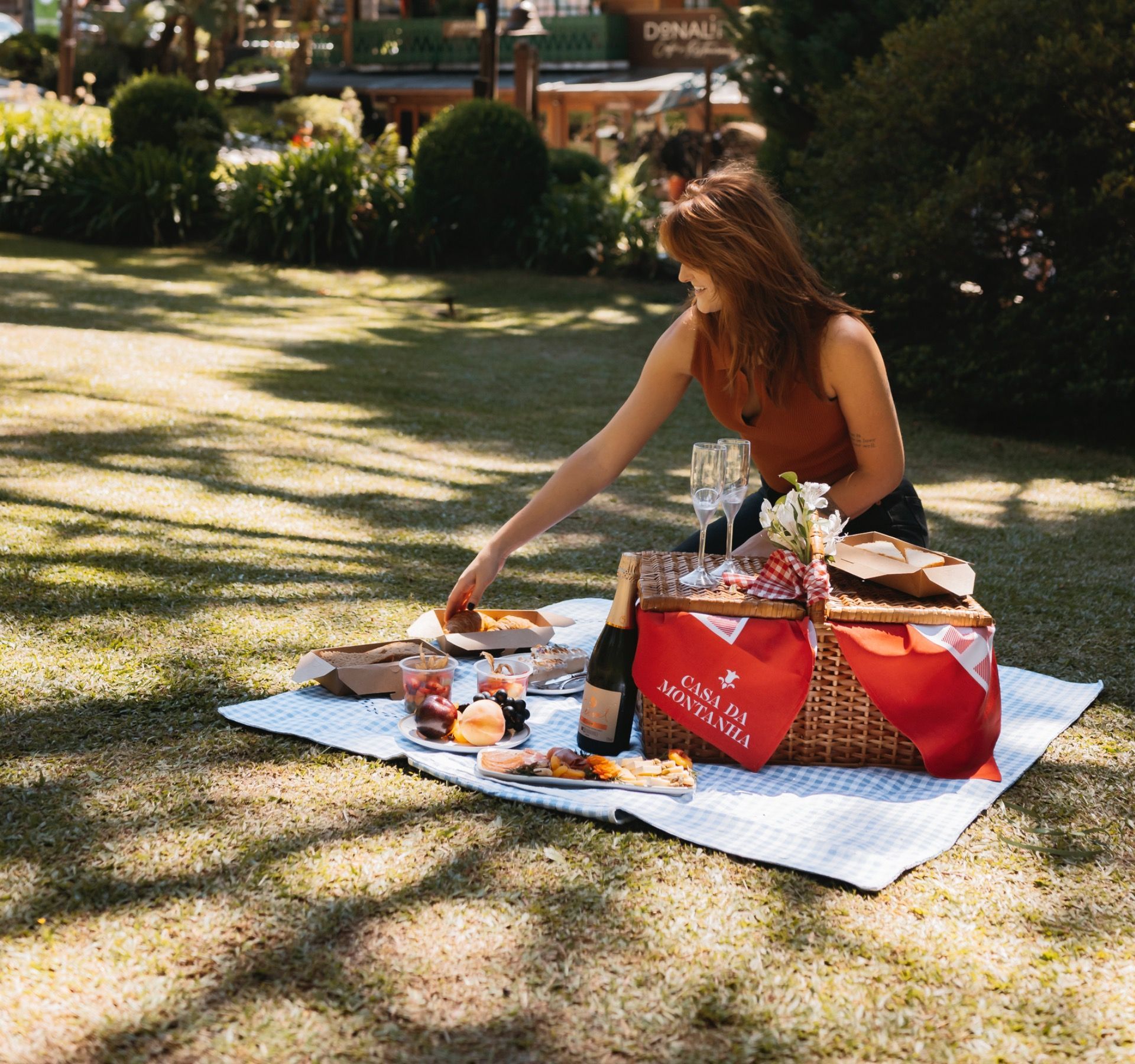 Mulher arrumando comida em uma toalha de piquenique em um parque ensolarado, com uma caixa térmica vermelha e bebidas por perto.