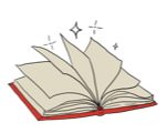 Livro aberto com páginas brilhantes e capa vermelha.