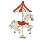 Cavalo de carrossel vermelho e branco em um poste de cobertura listrado