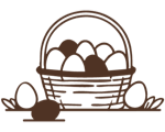 Ilustração em preto e branco de uma cesta trançada cheia de ovos, com alguns ovos ao lado.