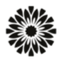 Emblema radial em preto e branco, em forma de flor ou raio de sol, com centro circular e raios semelhantes a pétalas.