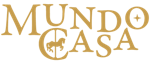 Logotipo dourado “Mundo Casa” com um ícone estilizado de uma casa.