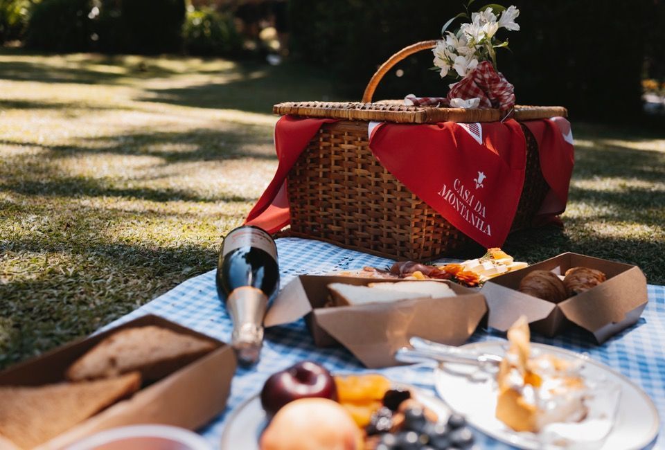 Cesta de piquenique e comida sobre uma toalha xadrez em um parque ensolarado.