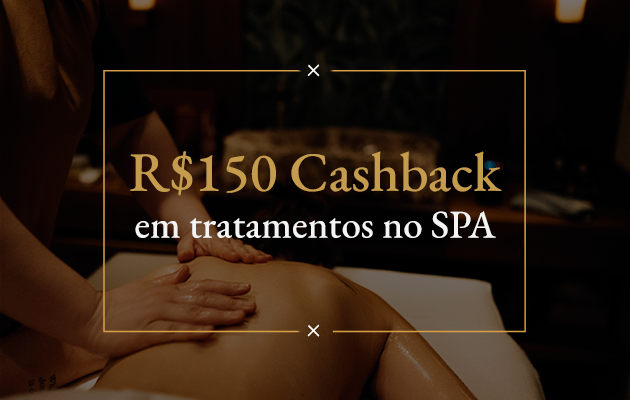 R$150 cashback em tratamentos no SPA sobre imagem de massagem com tom dourado e fundo escuro