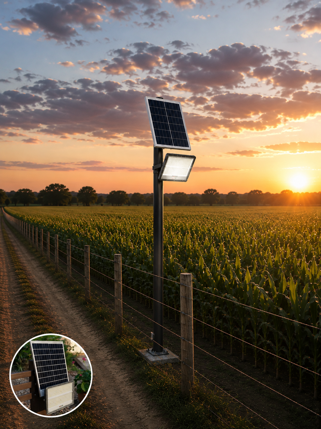 Un reflector LED alimentado por energía solar, montado sobre un poste, con un paisaje de colinas verdes y campos agrícolas de fondo.