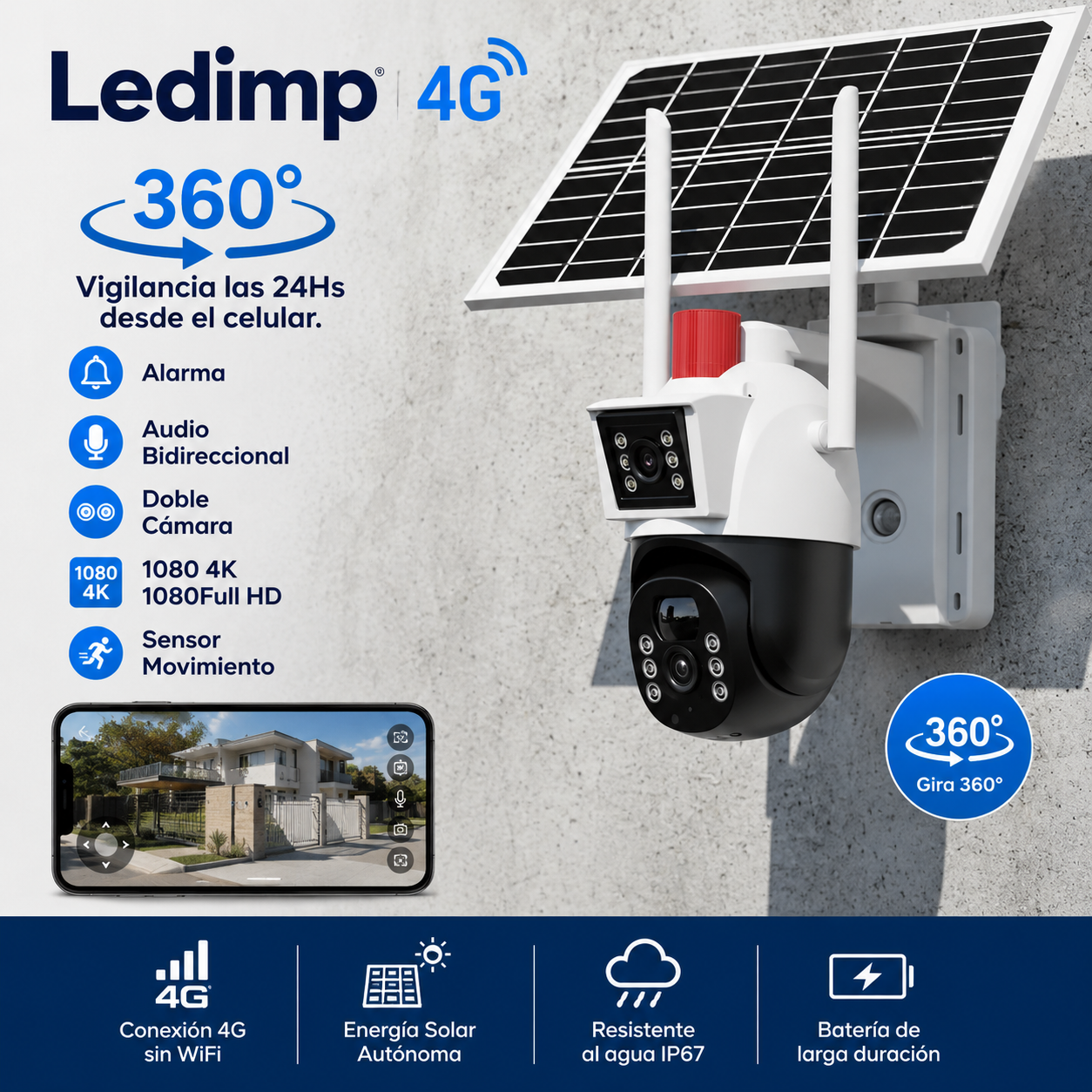 Cámara Carga Solar 4G ULTRA HD 360° Audio Bidireccional Visión Nocturna Alarma Doble Camara