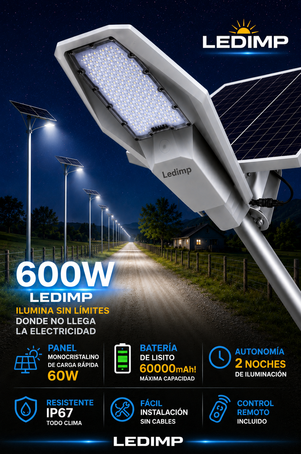 Luminaria Solar 600w Hogar-Campo-Perímetros-Cultivos-Caminos - 18 horas de autonomia