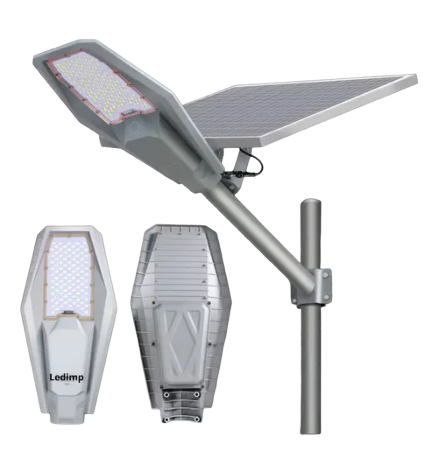 Una farola LED plateada alimentada por energía solar, montada sobre un poste, mostrada con vistas frontal y posterior de la luminaria.
