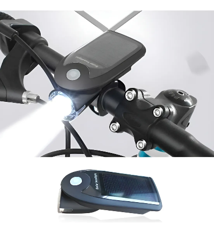 Un faro de bicicleta negro, alimentado por energía solar, montado en el manillar, que emite una luz blanca brillante, con la unidad que se muestra debajo.
