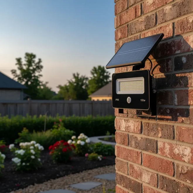 Un foco LED alimentado por energía solar con sensor de movimiento, instalado en una pared de ladrillo con vistas a un jardín residencial al anochecer.