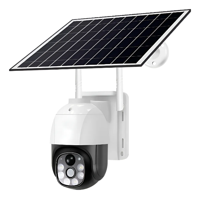 Una cámara de seguridad blanca y negra alimentada por energía solar, con soporte de montaje y antenas duales.