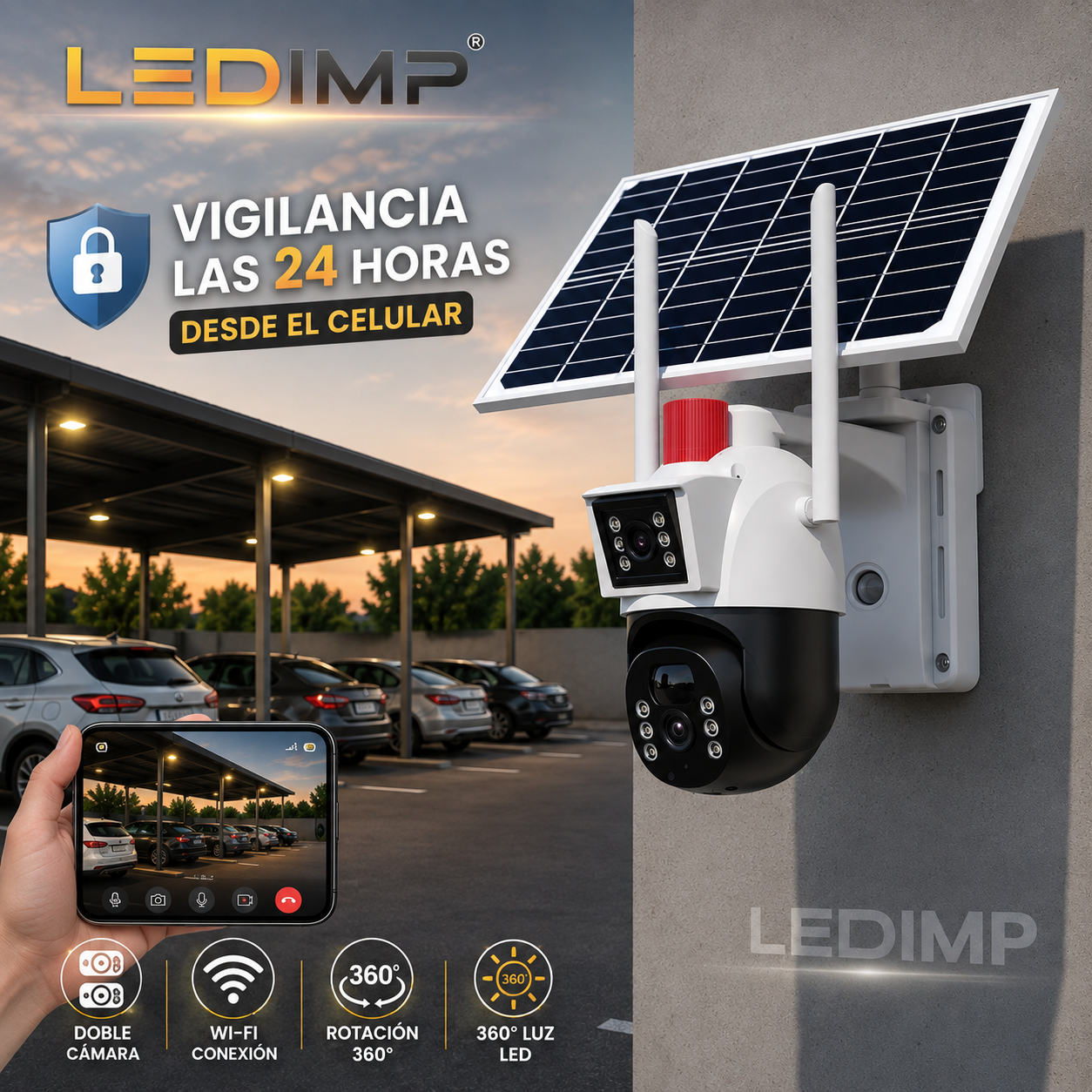 Cámara Doble 360° WI-FI Audio Bidireccional Alarma Luz Carga Solar