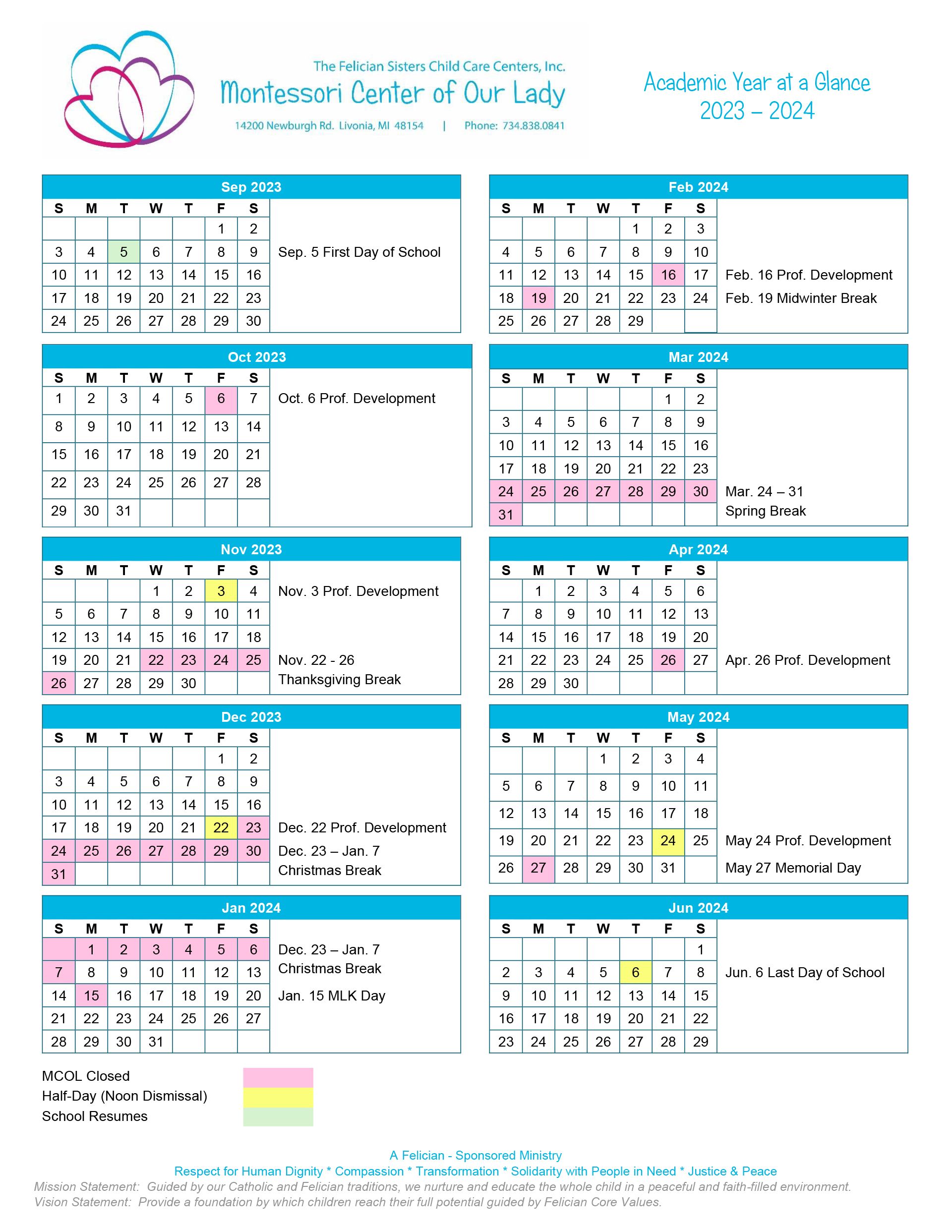 School Calendar Montessori Center of Our Lady Livonia, Michigan