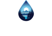 Blue water droplet with a scenic landscape: mountains, trees, and lake at dusk.