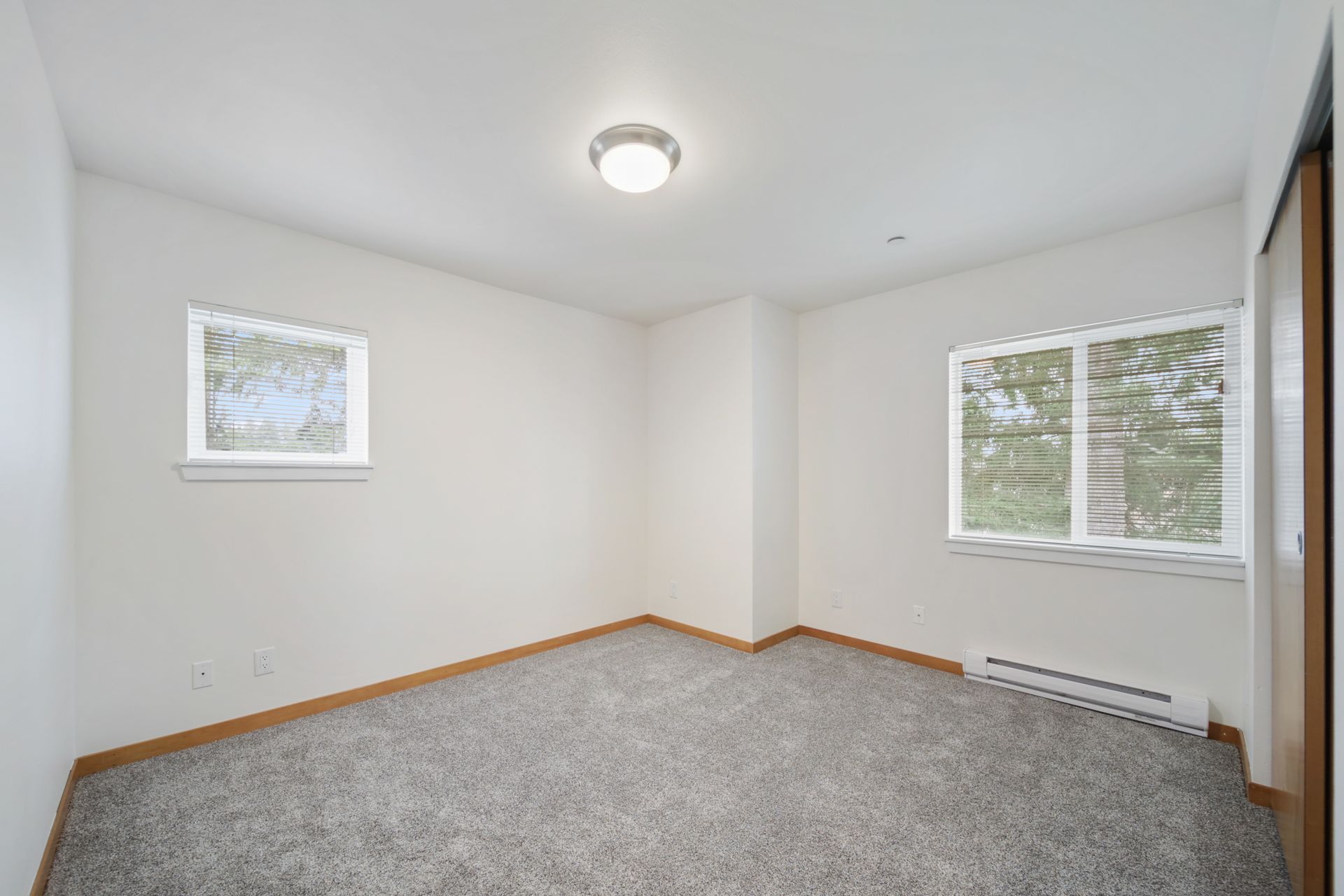 Empty carpeted room with white walls, two windows, and a ceiling light