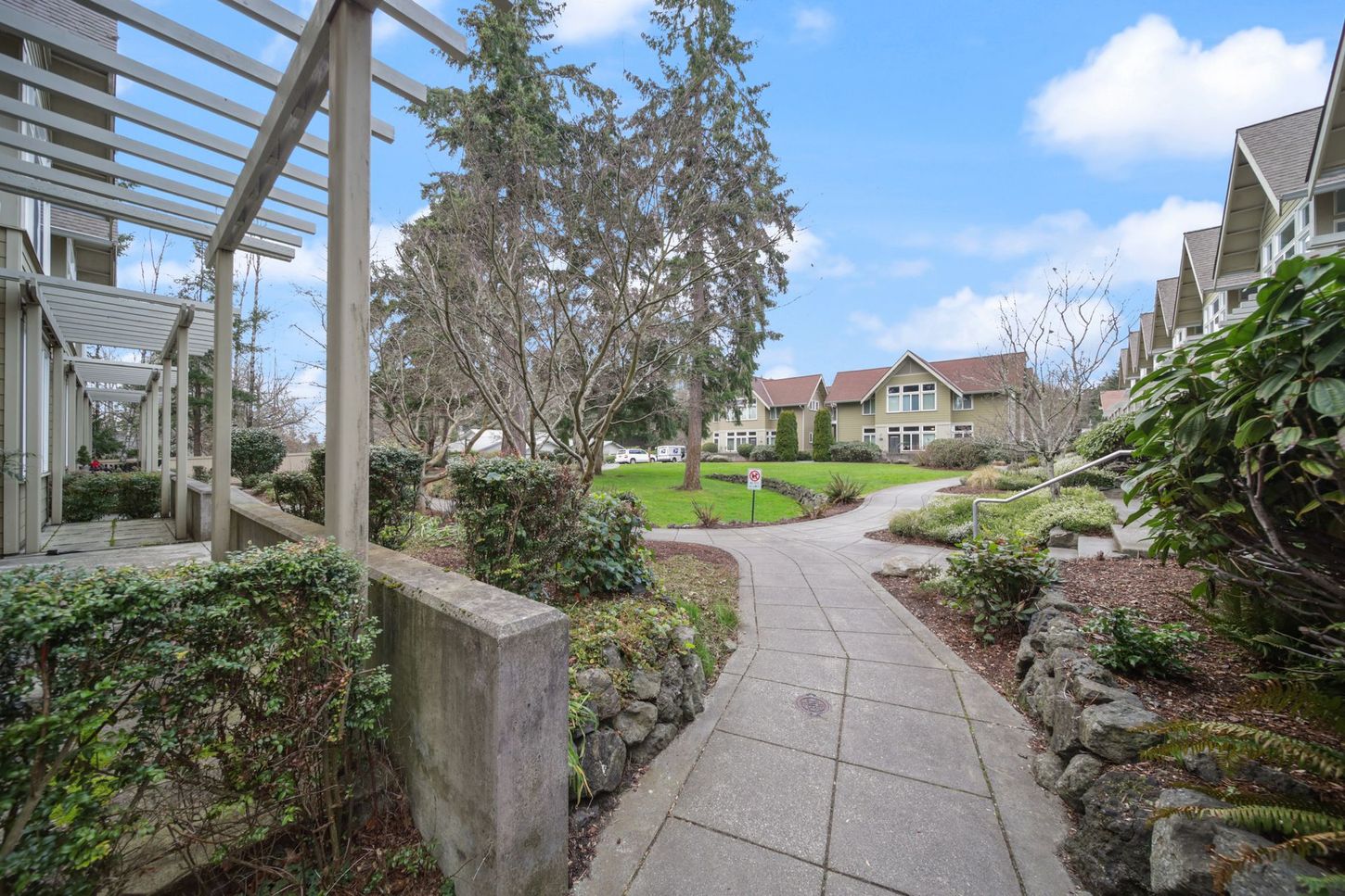 Curved garden path through a landscaped residential courtyard with pergola, shrubs, and houses