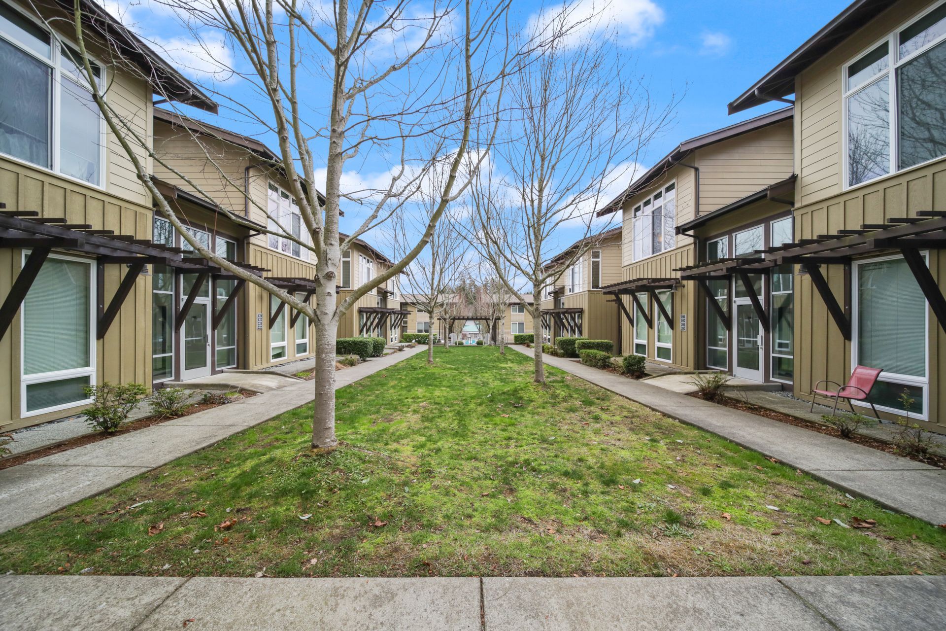 Courtyard between two apartment buildings with a grassy center path and bare trees