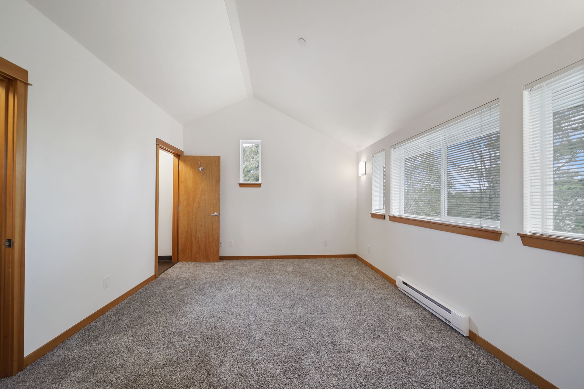 Empty carpeted room with white walls, wood trim, and windows on the right side