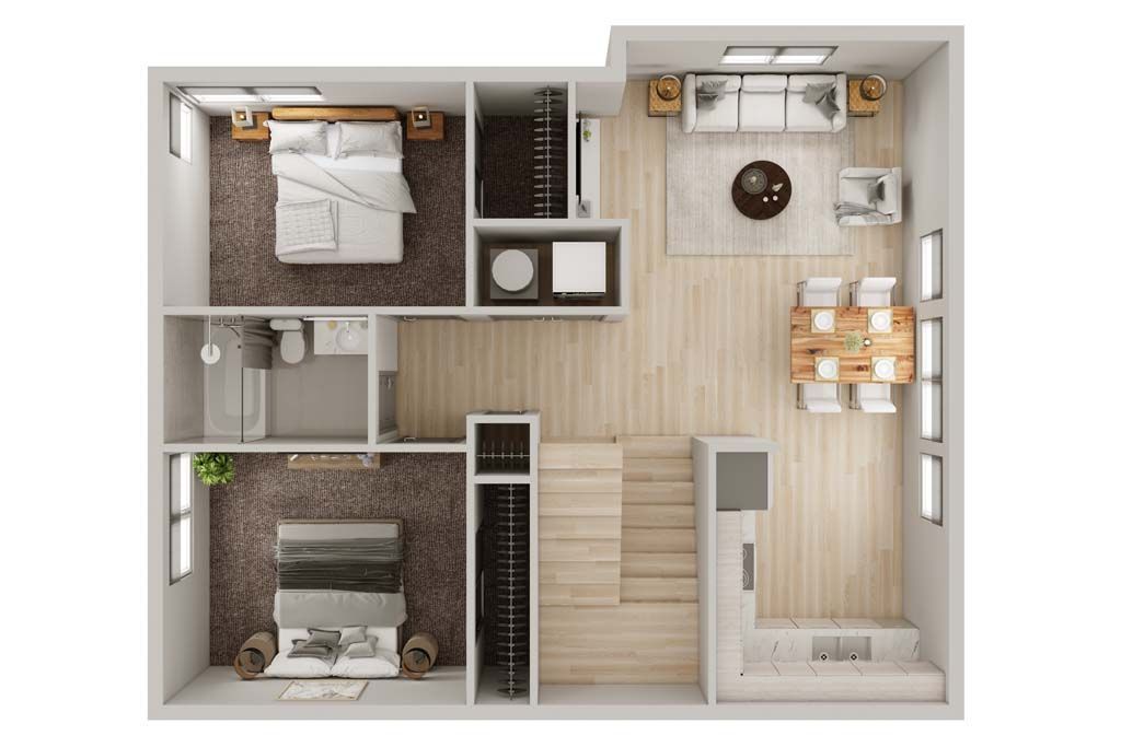 Top-down view of a modern two-bedroom apartment floor plan with open living, dining, and kitchen areas.