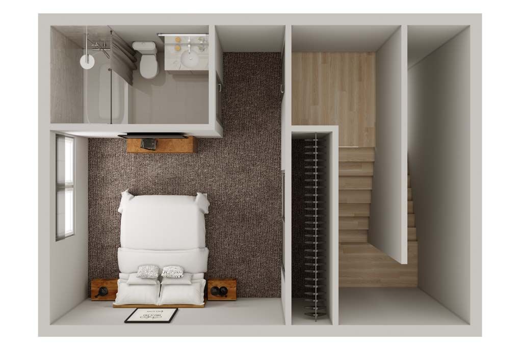 Top-down bedroom floor plan with bed, closet, and bathroom beside a staircase.