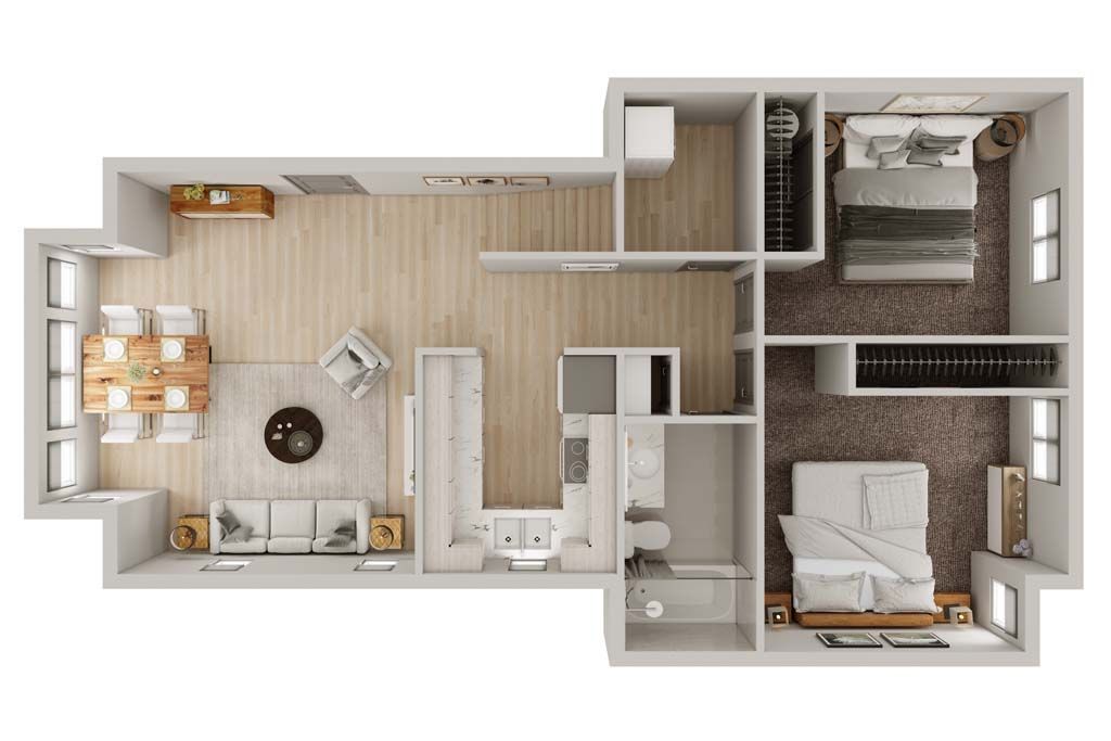 Top-down apartment floor plan with living room, kitchen, bath, and bedroom in neutral tones