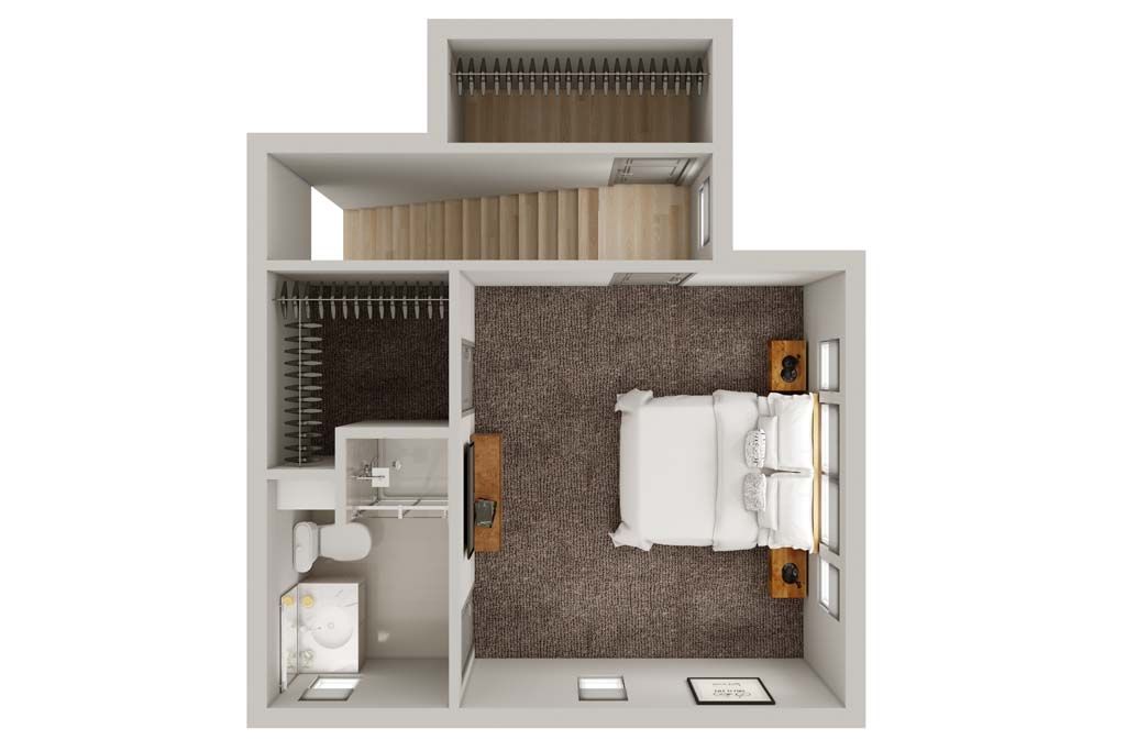 Top-down bedroom floor plan with a bed, closet, and bathroom in a modern gray and wood interior