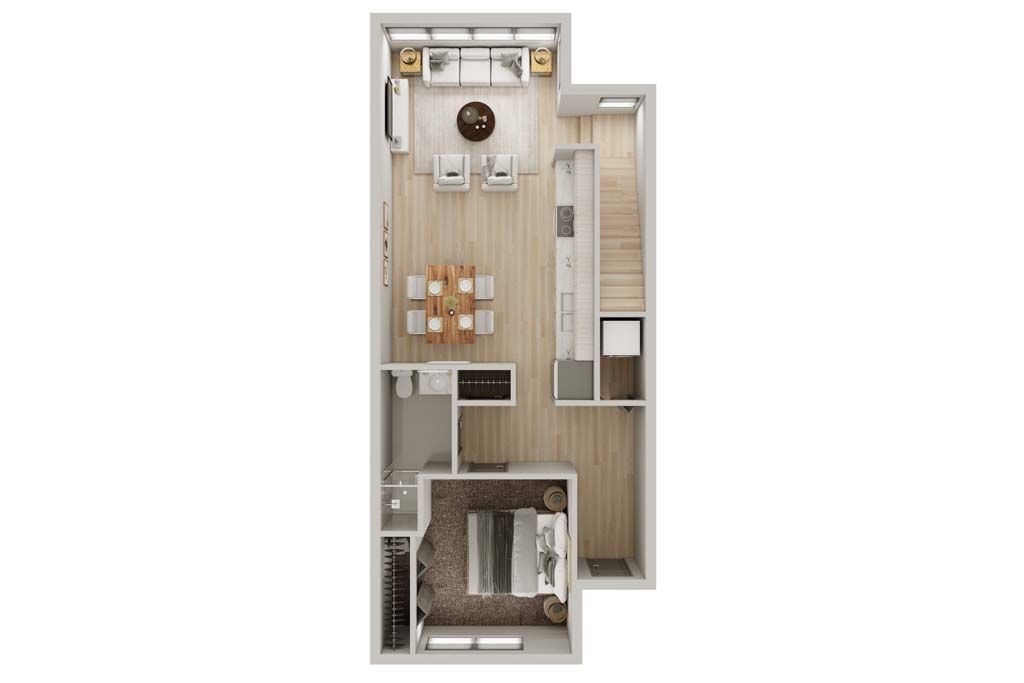 Top-down floor plan of a narrow apartment with living area, dining table, kitchen, bedroom, and bathroom.