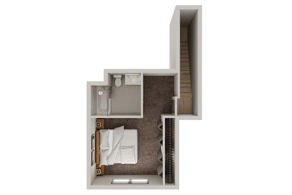 Top-down view of a small bedroom and bathroom with a narrow hallway and dark wood flooring.