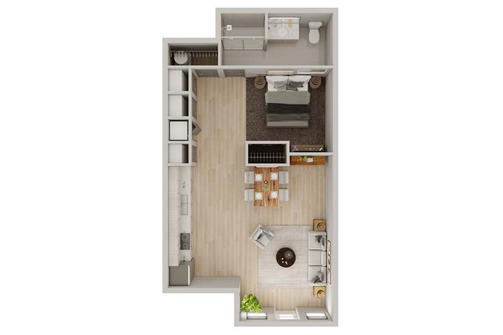 Top-down view of a small studio apartment floor plan with kitchen, bath, and living area.