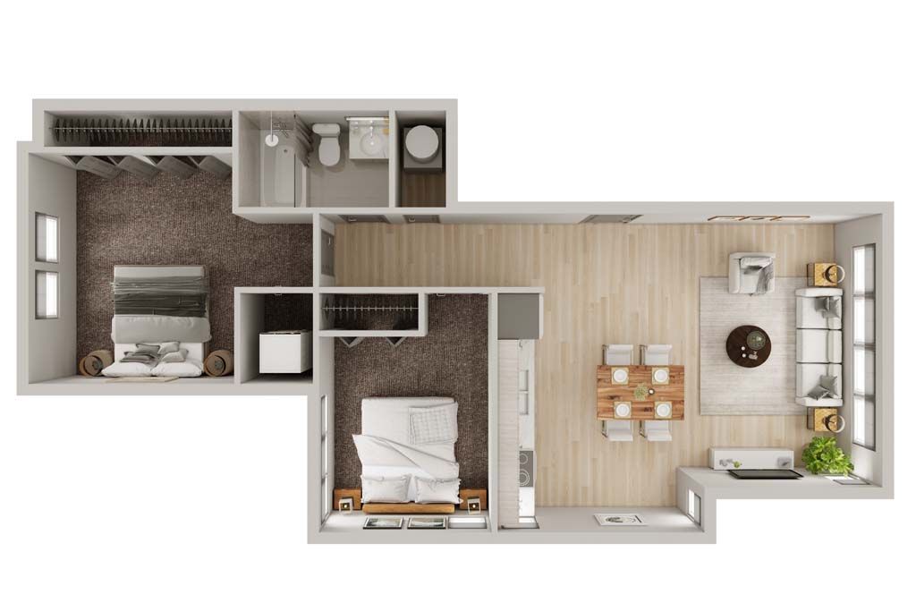 Top-down apartment floor plan with bedroom, bathroom, kitchen, and open living-dining area in neutral tones