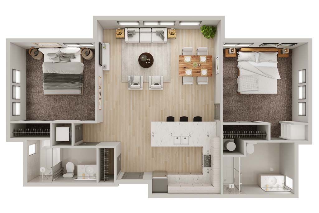 Top-down floor plan of a small apartment with two bedrooms, kitchen, dining area, and bathrooms.