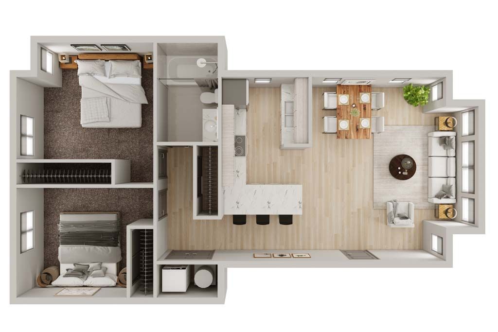 Top-down floor plan of a small apartment with two bedrooms, kitchen, living area, and bathroom.