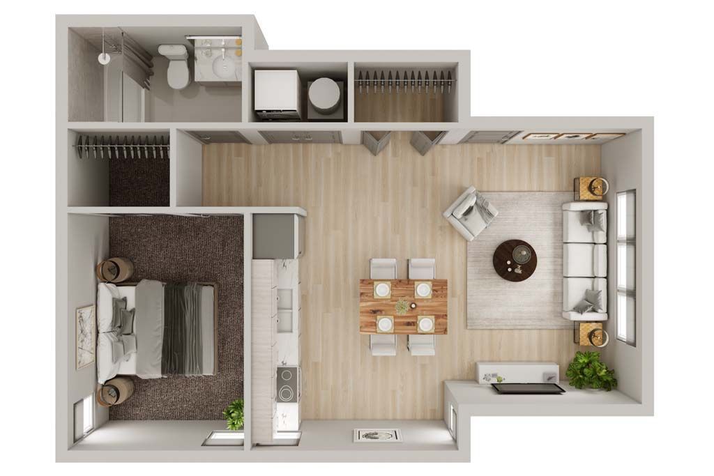 Top-down floor plan of a small apartment with bedroom, bathroom, kitchen, and open living-dining area.