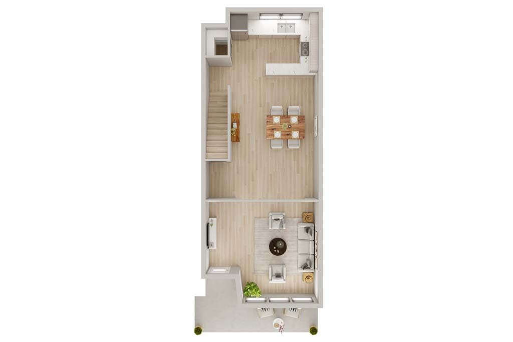 Top-down floor plan of a narrow apartment with living, dining, kitchen, and bedroom areas.