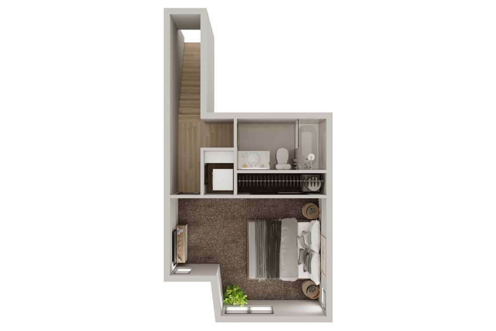 Top-down view of a narrow, L-shaped apartment floor plan with wood floors and compact rooms.