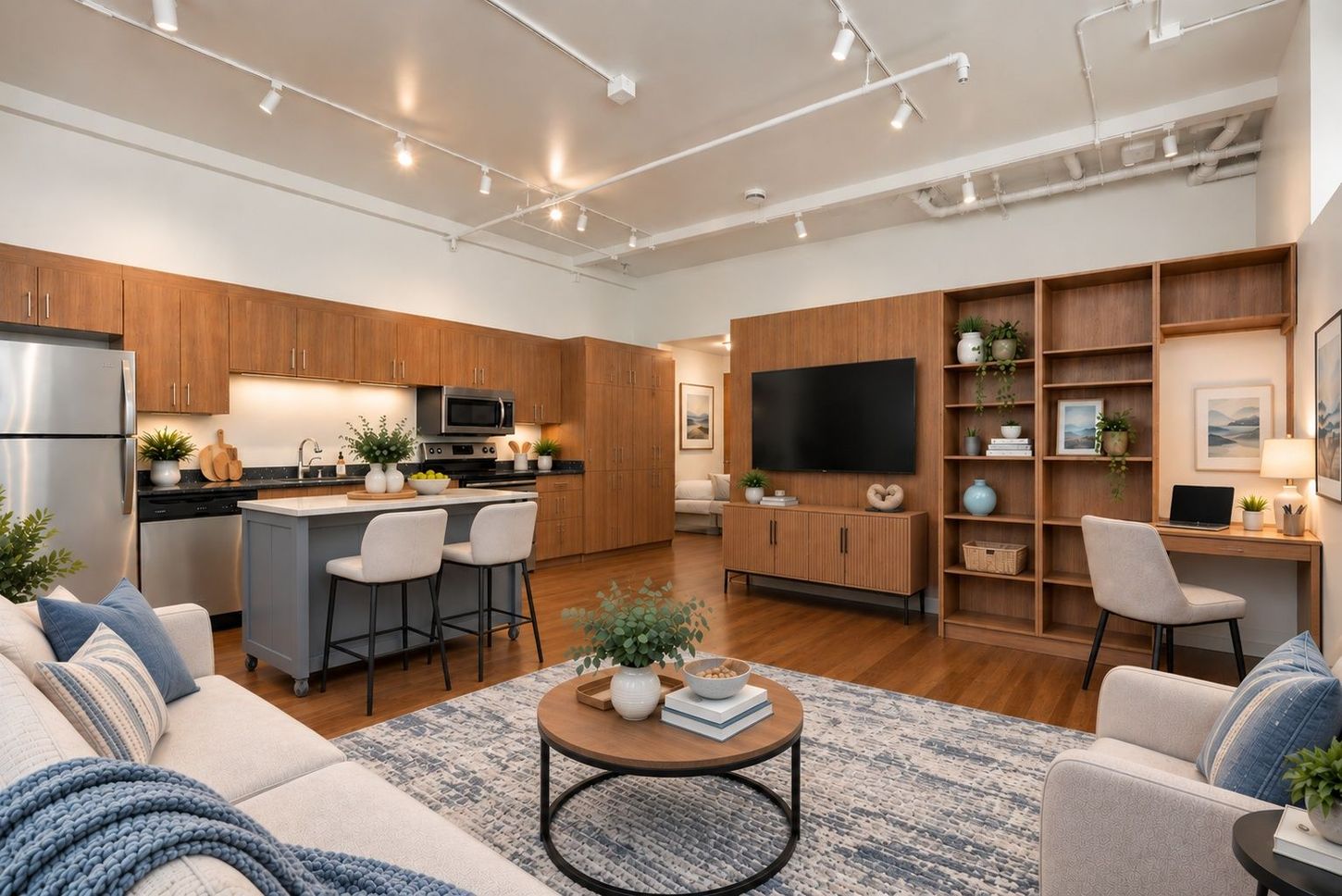 Bright kitchen with white appliances, wood cabinets, and a wooden breakfast bar.