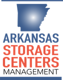 Arkansas Storage Centers Management logo with blue Arkansas silhouette and blue-red text