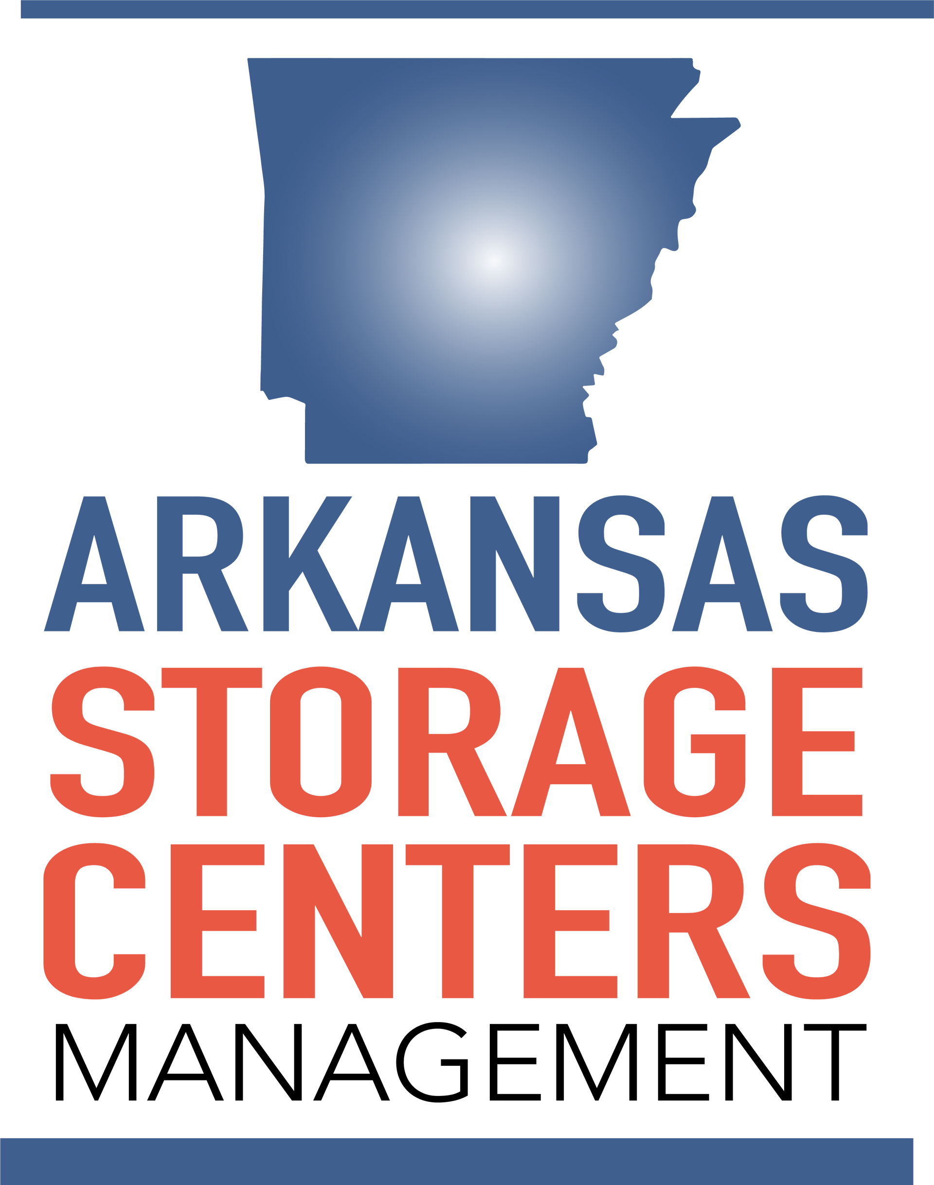 Arkansas Storage Centers Management logo with blue Arkansas silhouette and blue-red text