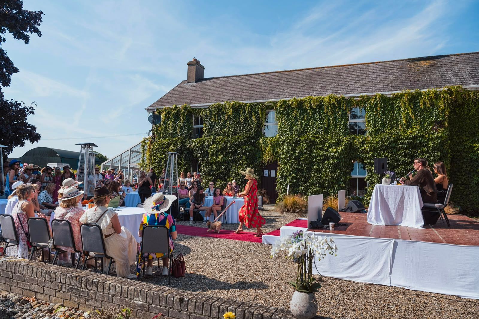 Outdoor wedding ceremony beside ivy-covered stone building, with seated guests and bridal party on a sunny day