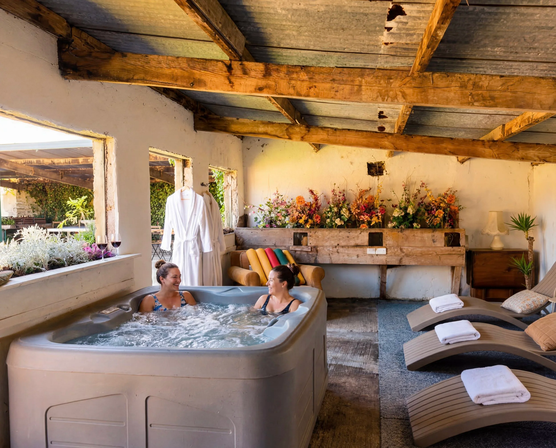 Two people relaxing in a hot tub on a rustic patio with lounge chairs and towels nearby