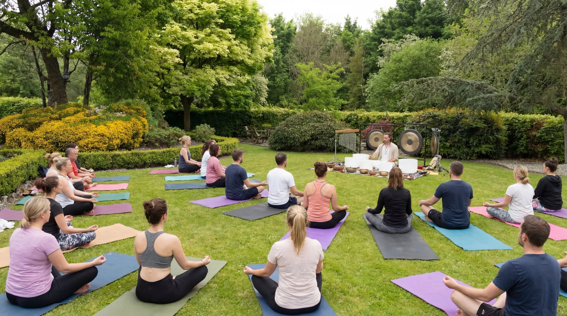 Group yoga class practicing outdoors on mats in a green park with a seated instructor at the front