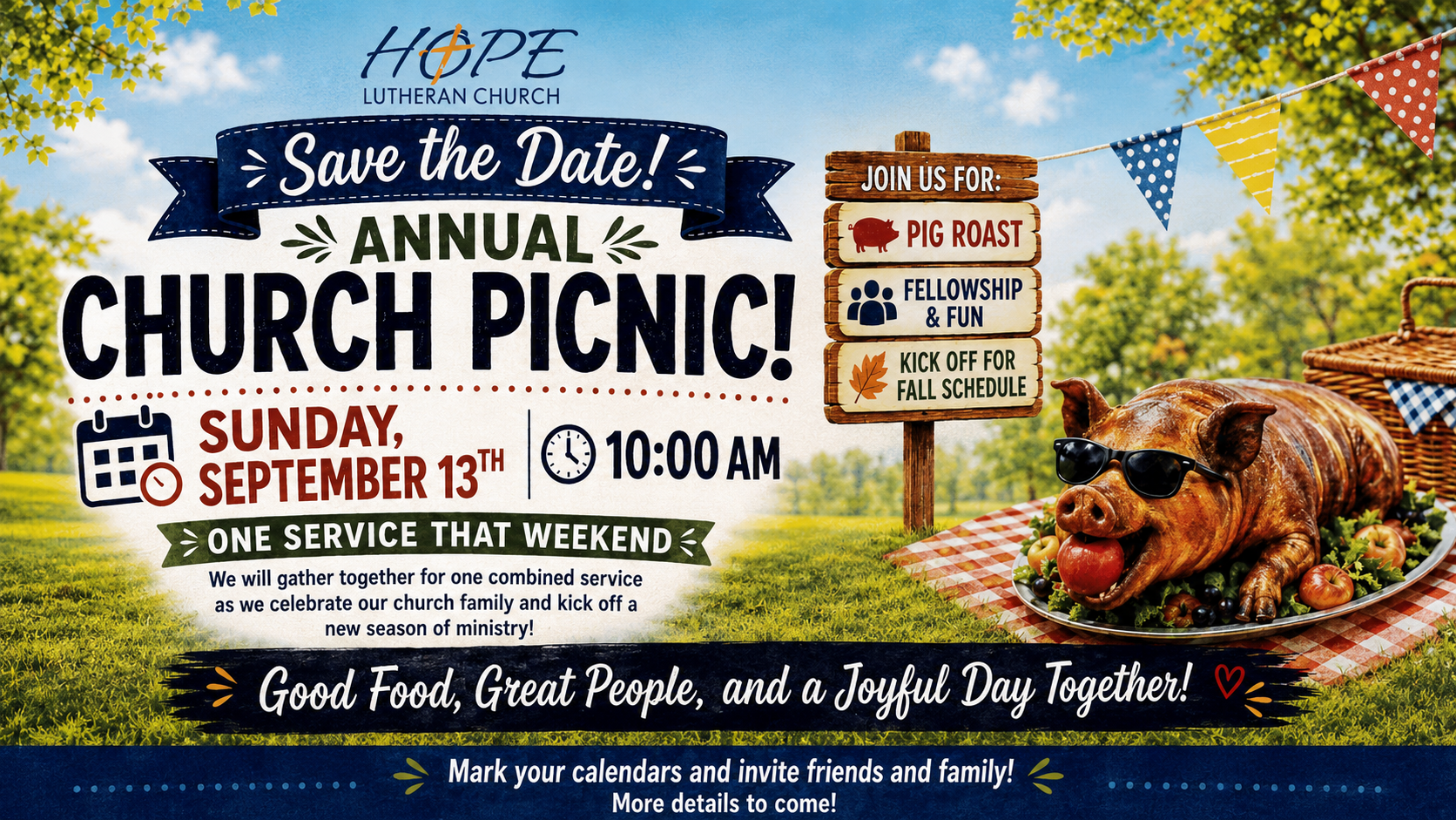 Church picnic flyer with date, time, and fall farm scene featuring hayrides, games, and a pumpkin patch.
