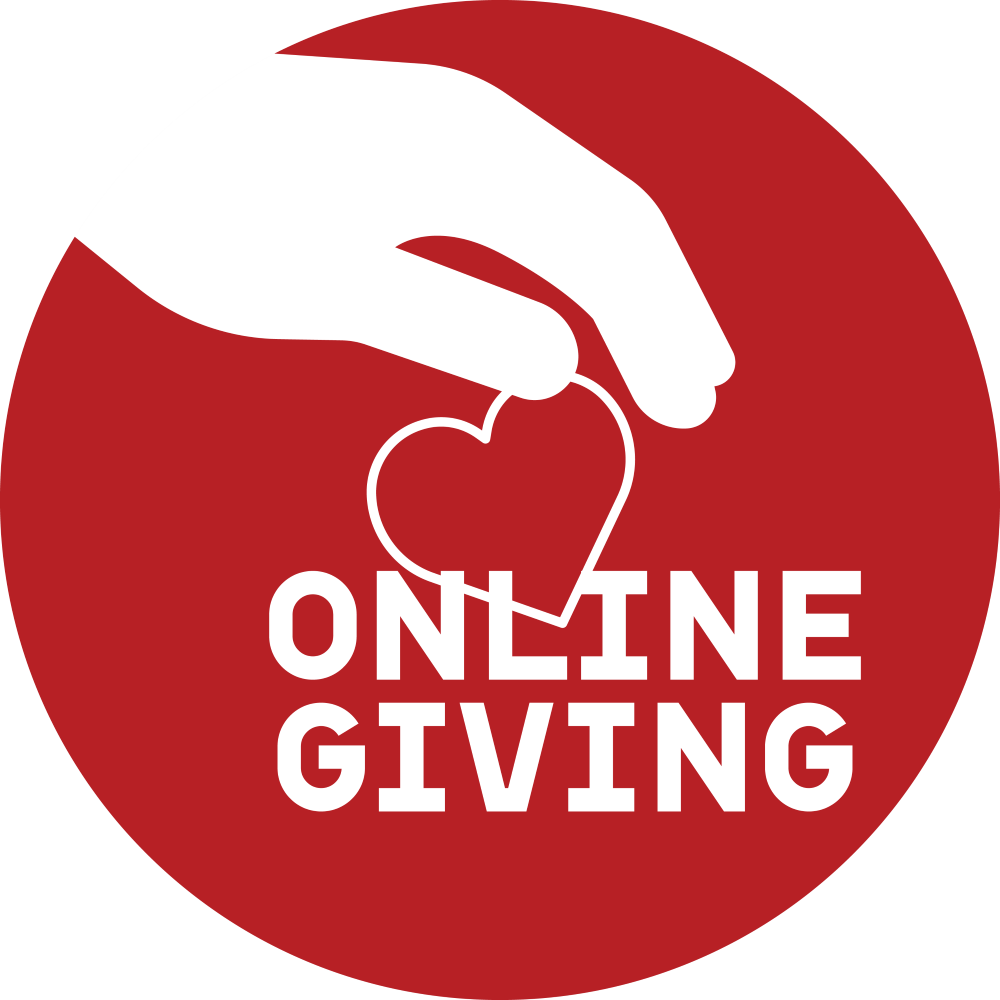 Red circle with white hand passing a heart over the words “ONLINE GIVING”