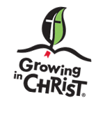 Growing in Christ logo with green cross sprout above open book