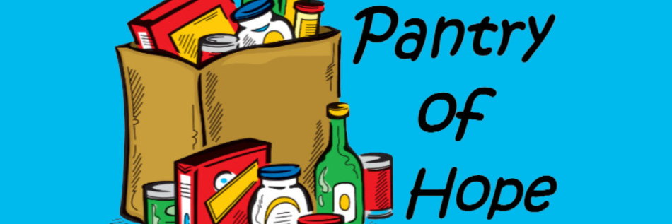 Pantry of Hope logo with a brown grocery bag filled with food items on a blue background