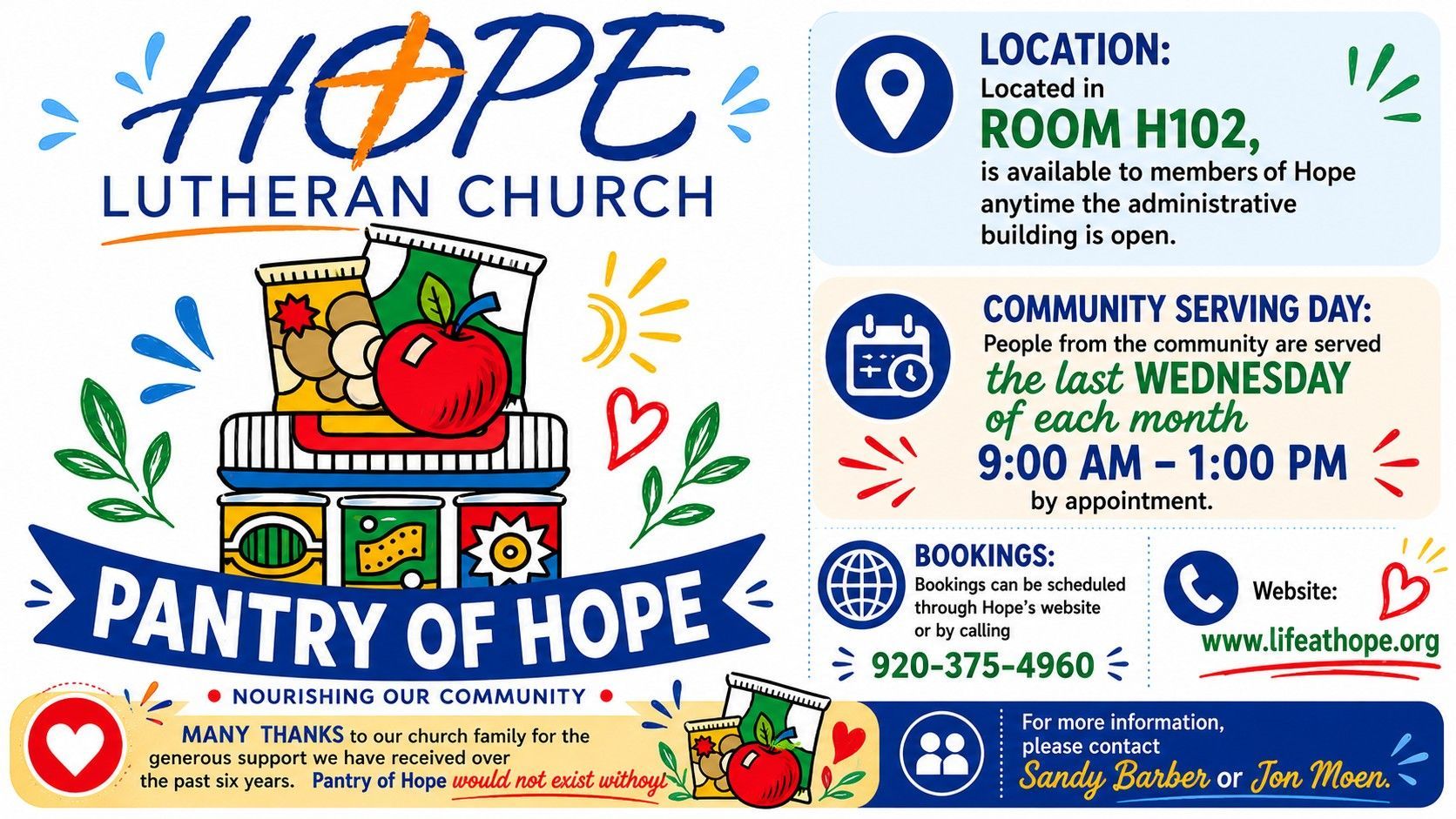 Hope Lutheran Church Pantry of Hope flyer with apples, food basket, and donation hours/location details