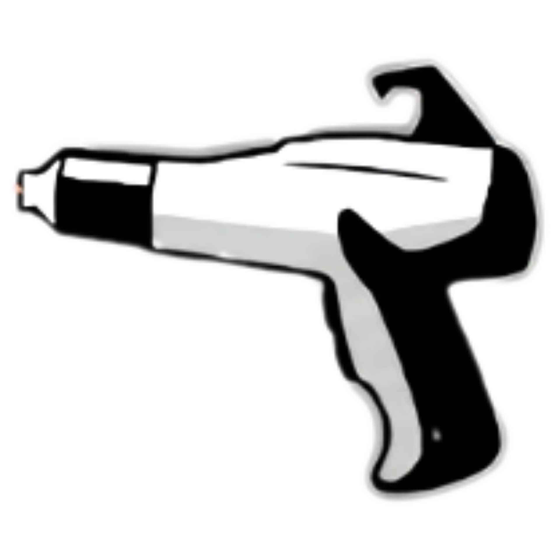 Black-and-white handheld powder coating gun, side view on white background