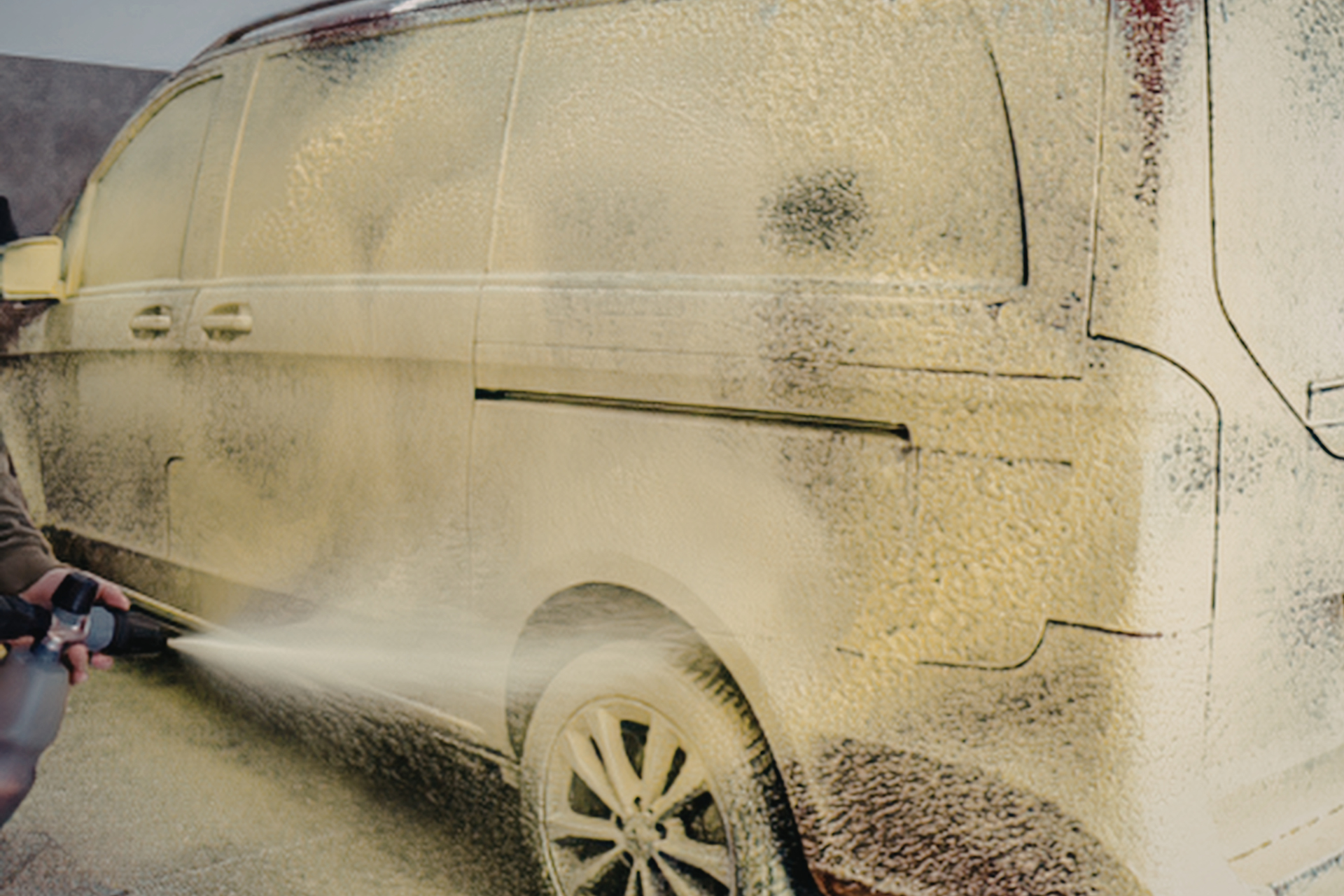 Person pressure-washing a dirty white van with soap suds and water spray