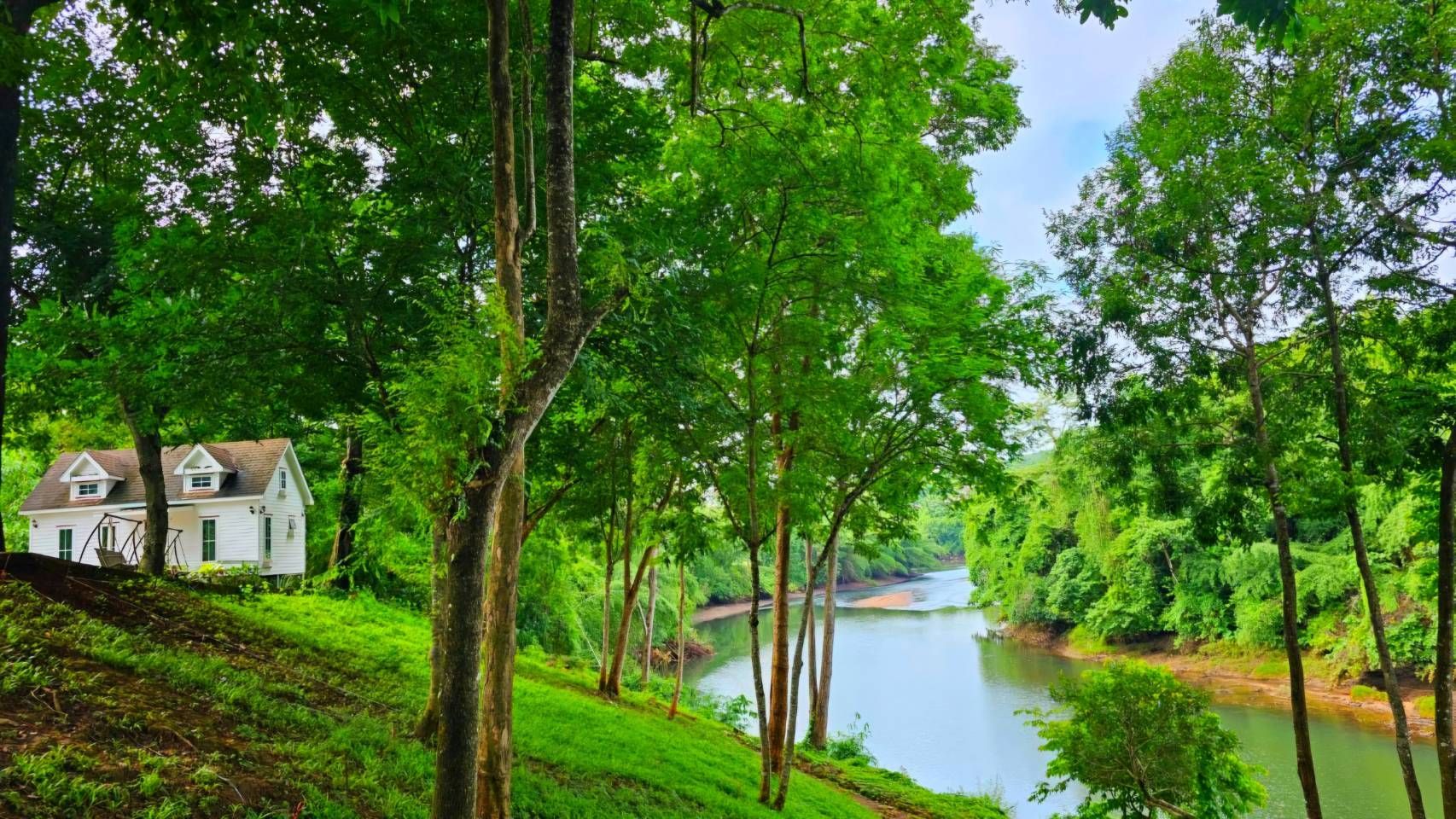 A house is sitting on a hill next to a river surrounded by trees.