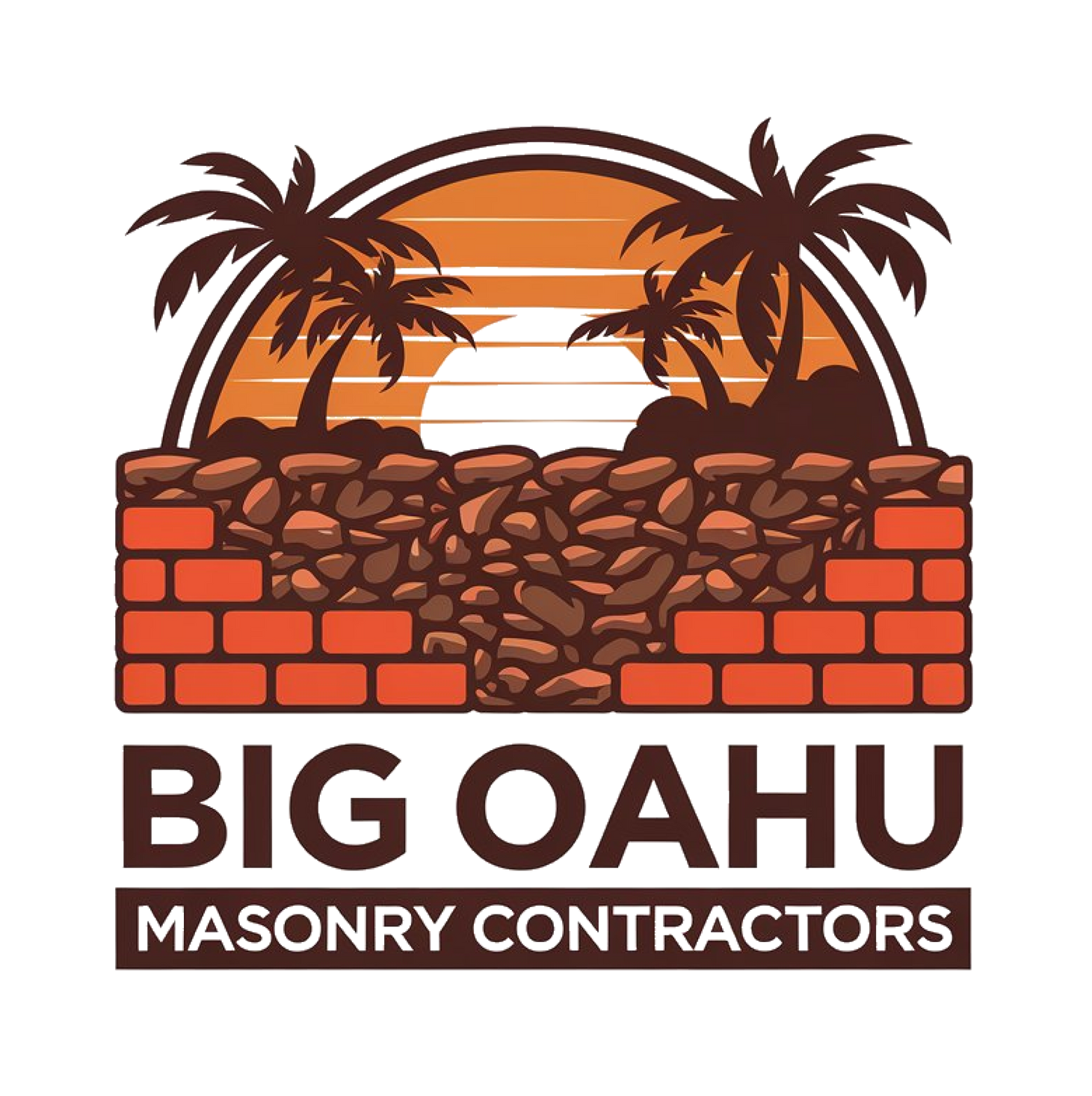 Big Oahu Masonry Contractors logo with orange sunset, palm trees, brick wall, and stacked stones